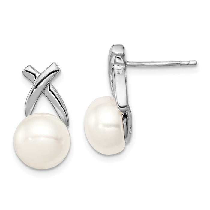 925 Sterling Silver Rh-plated 8-9mm White Freshwater Cultured Pearl Post Earrings, 16mm x 9mm