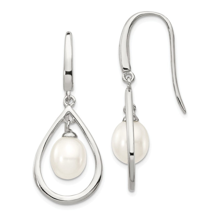 925 Sterling Silver Rh-plated 6-7mm White Freshwater Cultured Pearl Dangle Earrings, 39mm x 15mm