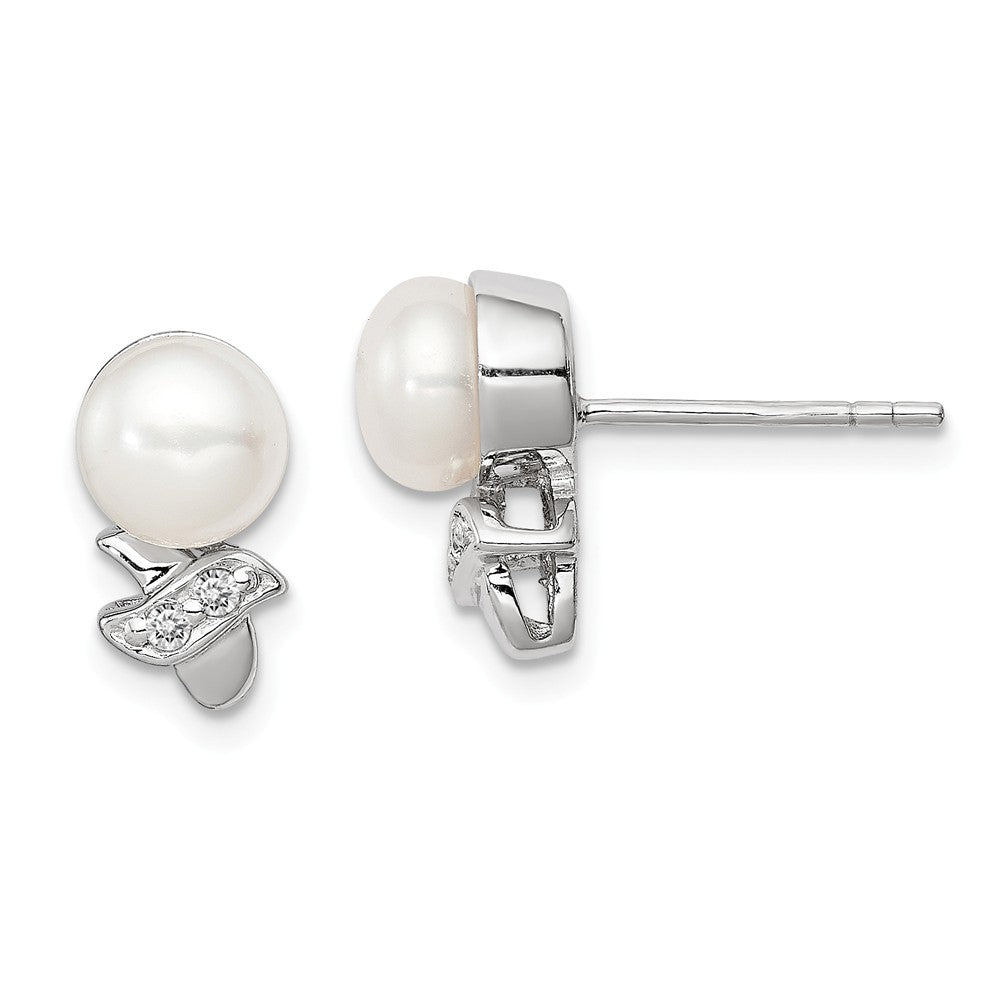 925 Sterling Silver Rh-plated 7-8mm White Freshwater Cultured Pearl Cubic Zirconia ( CZ ) Post Earrings, 12mm x 8mm