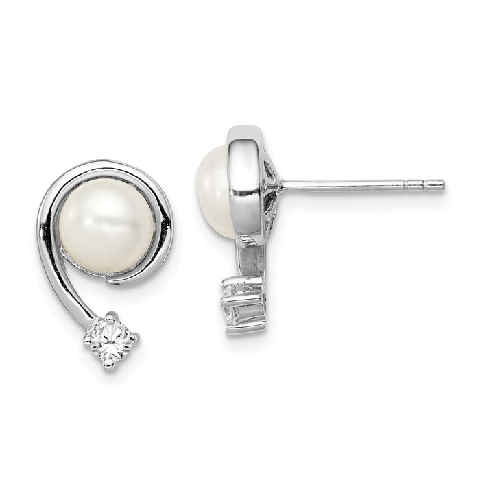 925 Sterling Silver Rh-plated 7-8mm White Freshwater Cultured Pearl Cubic Zirconia ( CZ ) Post Earrings, 14mm x 10mm