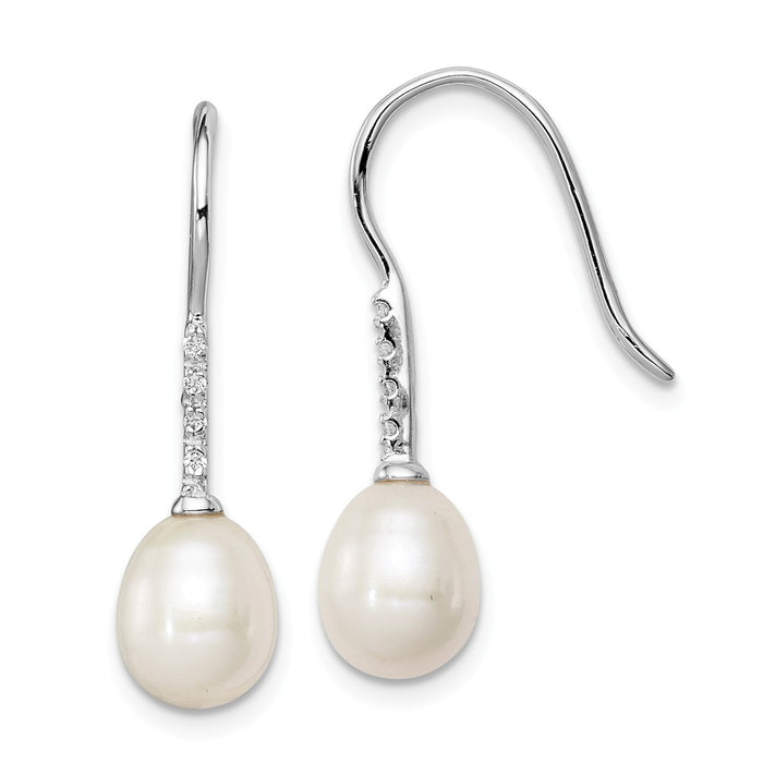 925 Sterling Silver Rh-plated 7-8mm White Freshwater Cultured Pearl Cubic Zirconia ( CZ ) Dangle Earrings, 27mm x 8mm