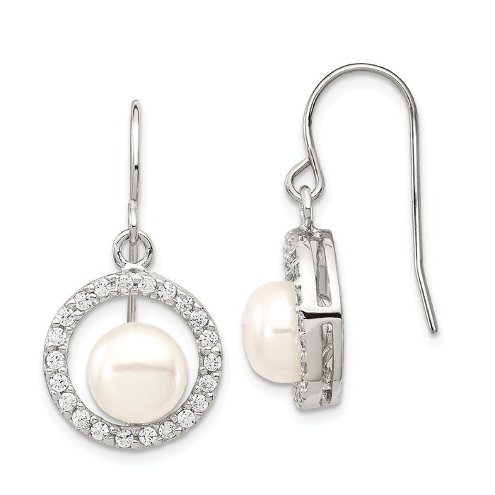 925 Sterling Silver Rh-plated 7-8mm White Freshwater Cultured Pearl Cubic Zirconia ( CZ ) Dangle Earrings, 28mm x 14mm