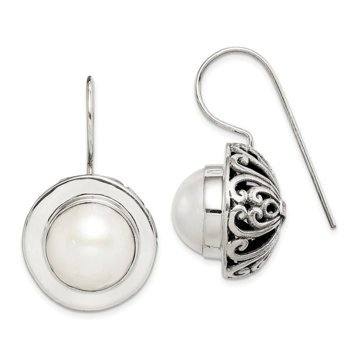 925 Sterling Silver 12-12.5 mm Cultured Mabe Pearl Earrings, 26mm x 17mm