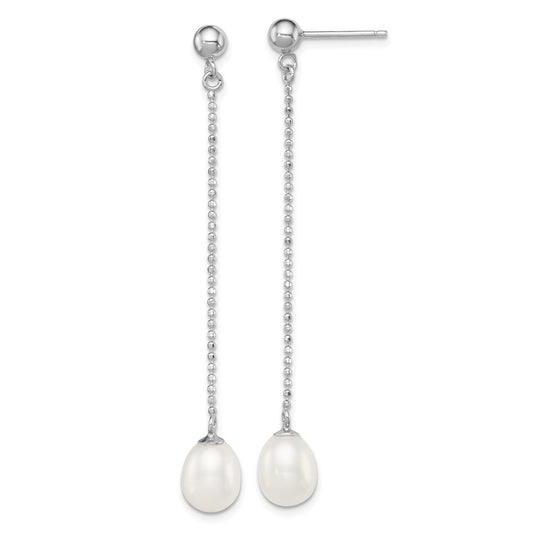 925 Sterling Silver Rhodium-plated 7-8mm White Freshwater Cultured Pearl Post Dangle Earrings, 51mm x 8mm