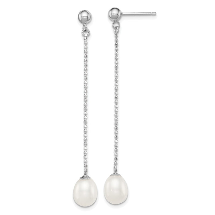 925 Sterling Silver Rhodium-plated 7-8mm White Freshwater Cultured Pearl Post Dangle Earrings, 51mm x 8mm