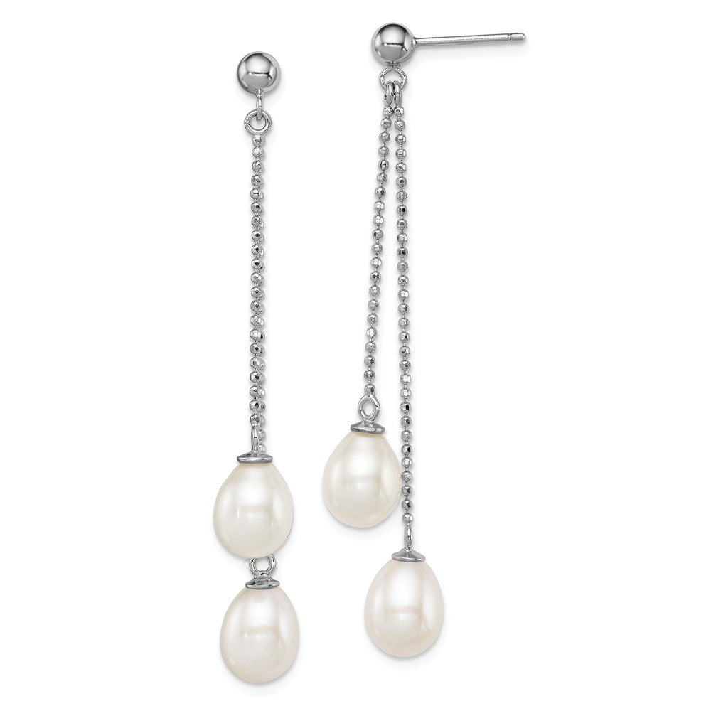 925 Sterling Silver Rhodium 7-8mm White Freshwater Cultured Pearl Post Dangle Earrings, 51mm x 8mm