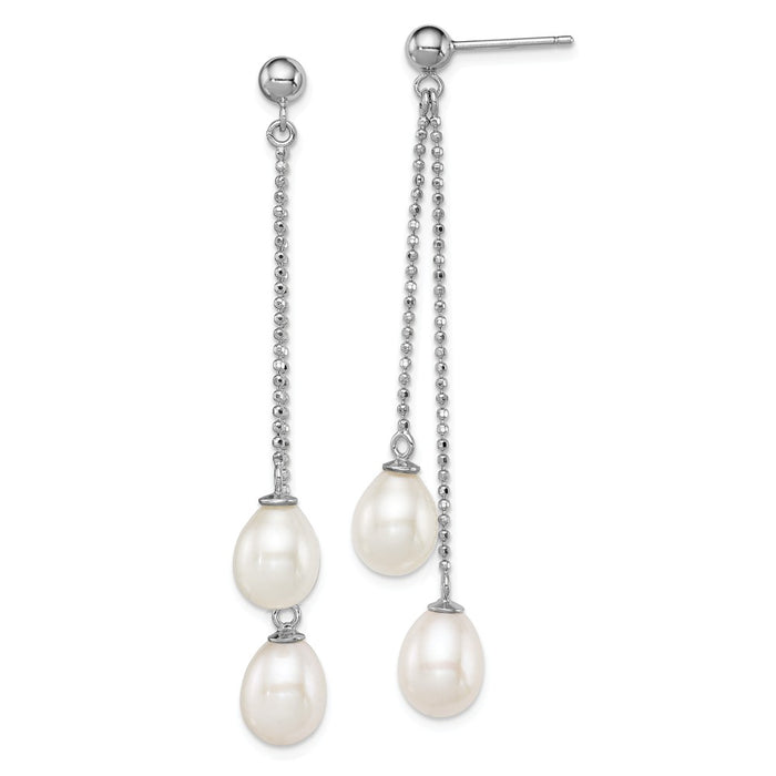 925 Sterling Silver Rhodium 7-8mm White Freshwater Cultured Pearl Post Dangle Earrings, 51mm x 8mm