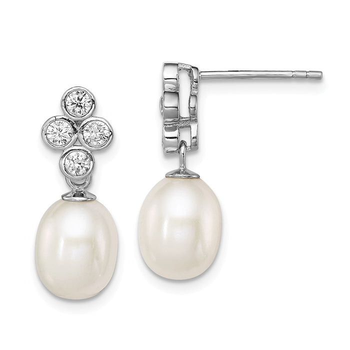 925 Sterling Silver Rhodium 7-8mm White Freshwater Cultured Pearl Cubic Zirconia ( CZ ) Post Dangle Earrings, 19mm x 8mm
