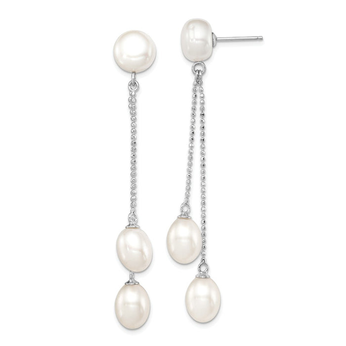 925 Sterling Silver Rhodium-plated 6-9mm White Freshwater Cultured 3-Pearl Post Dangle, 62mm x 9mm