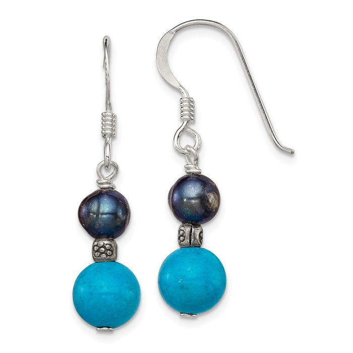 925 Sterling Silver Freshwater Cultured Black Pearl & Turquoise Dangle Earrings, 32mm x 8mm