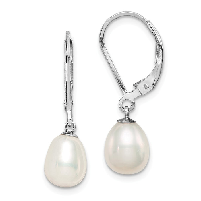925 Sterling Silver Rhodium-plated 7-8mm White Freshwater Cultured Pearl Leverback Earrings, 26mm x 8mm