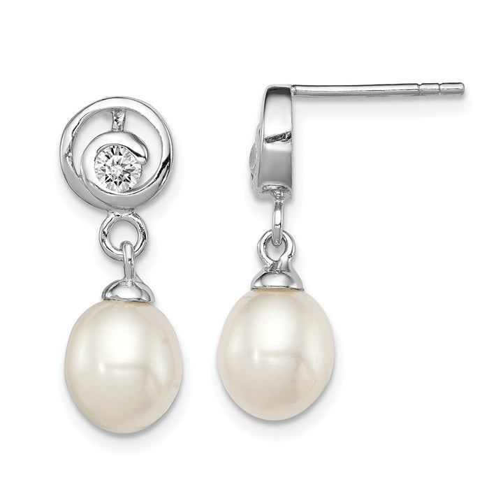 925 Sterling Silver Rhodium-plated 7-8mm White Freshwater Cultured Pearl Cubic Zirconia ( CZ ) Post Dangle, 21mm x 8mm
