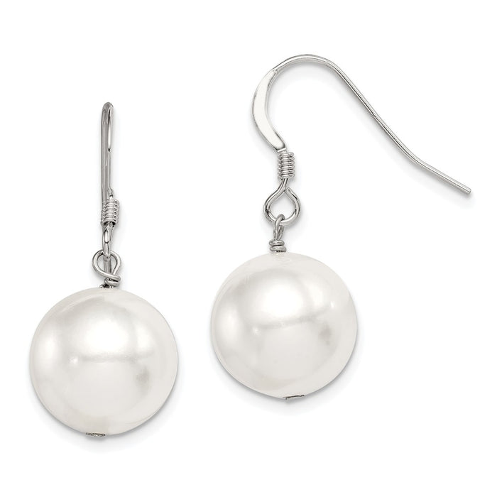 925 Sterling Silver Rhodium Plated 12-13mm White Shell Bead Dangle Earrings, 26mm x 13mm