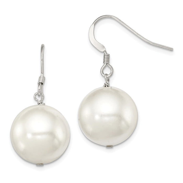 925 Sterling Silver Rhodium Plated 14-15mm White Shell Bead Dangle Earrings, 28mm x 15mm