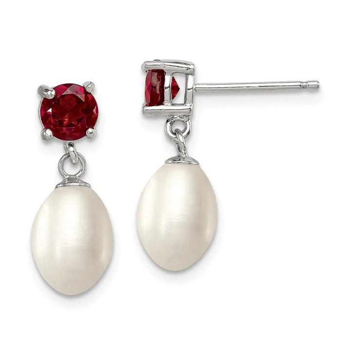 925 Sterling Silver Garnet & 7-8mm Freshwater Cultured Pearl Teardrop Earrings, 20mm x 8mm