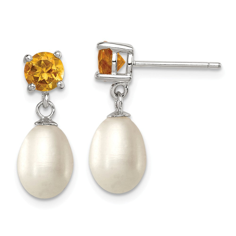 925 Sterling Silver Citrine & 7-8mm Freshwater Cultured Pearl Teardrop Earrings, 20mm x 8mm