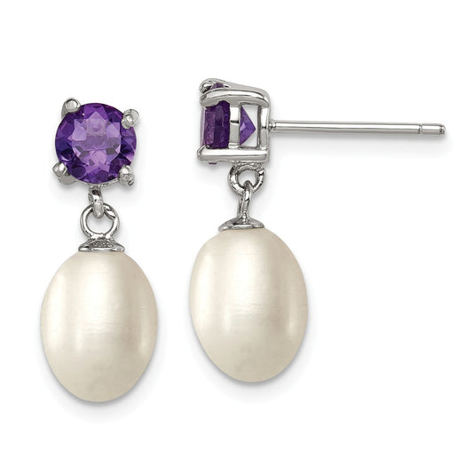 925 Sterling Silver Amethyst & 7-8mm Freshwater Cultured Pearl Teardrop Earrings, 20mm x 8mm