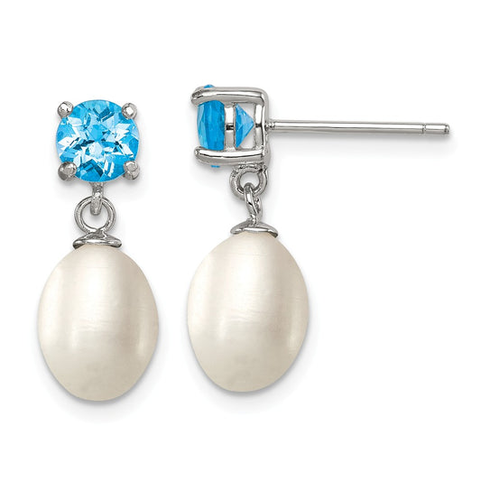 925 Sterling Silver Blue Topaz & 7-8mm Freshwater Cultured Pearl Teardrop Earrings, 20mm x 8mm