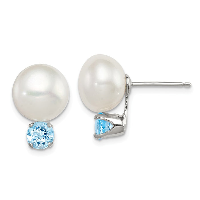 925 Sterling Silver 10-11mm Freshwater Cultured Button Pearl with Blue Topaz Earrings, 16mm x 11mm