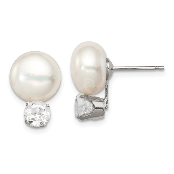 925 Sterling Silver 10-11mm Freshwater Cultured Button Pearl with White Topaz Earrings, 16mm x 11mm