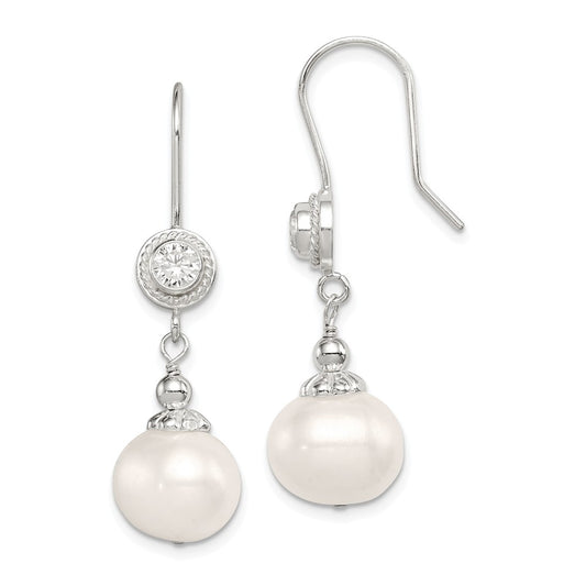 925 Sterling Silver Cubic Zirconia ( CZ ) Freshwater Cultured Pearl Dangle Earrings, 47mm x 11mm
