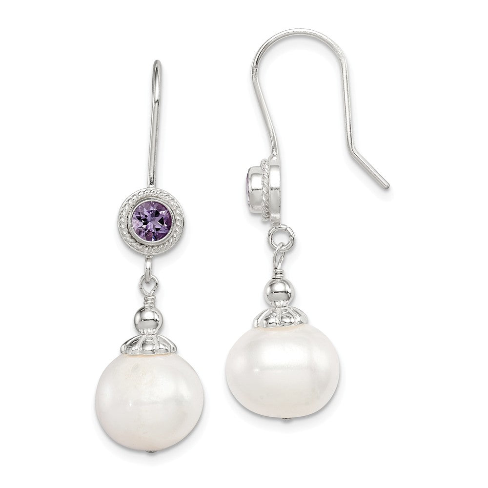 925 Sterling Silver Amethyst Freshwater Cultured Pearl Dangle Earrings, 47mm x 11mm