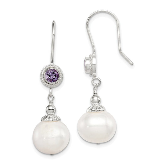 925 Sterling Silver Amethyst Freshwater Cultured Pearl Dangle Earrings, 47mm x 11mm