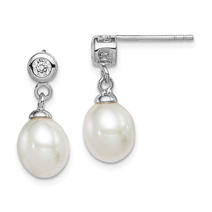 925 Sterling Silver Rhodium-plated 7-8mm White Freshwater Cultured Pearl Cubic Zirconia ( CZ ) Post Dangle Earrings, 19mm x 8mm