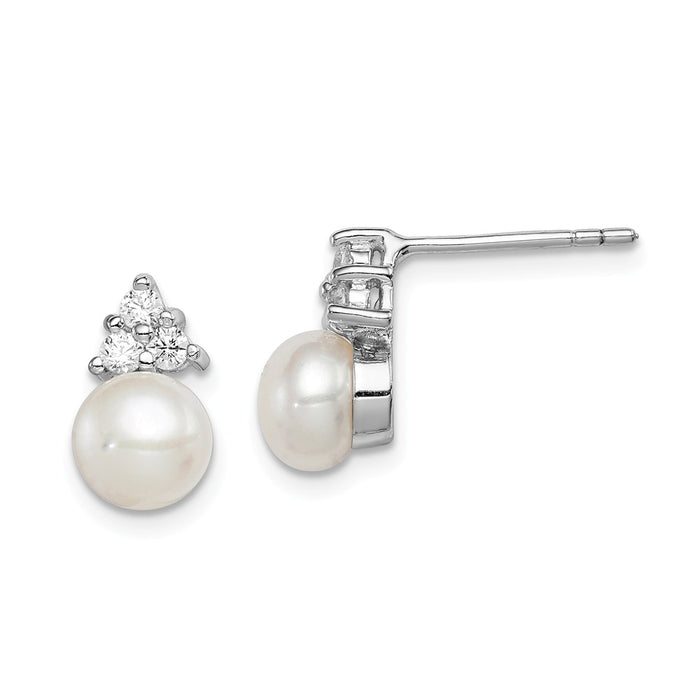 925 Sterling Silver Rhodium-plated 6-7mm White Freshwater Cultured Pearl Cubic Zirconia ( CZ ) Post Earrings, 11mm x 6 to 7mm