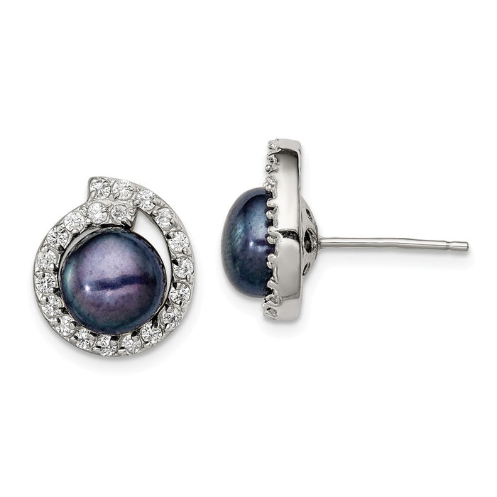 925 Sterling Silver with Cubic Zirconia ( CZ ) 8-9mm Freshwater Cultured Button Black Pearl Post Earrings, 14mm x 13mm