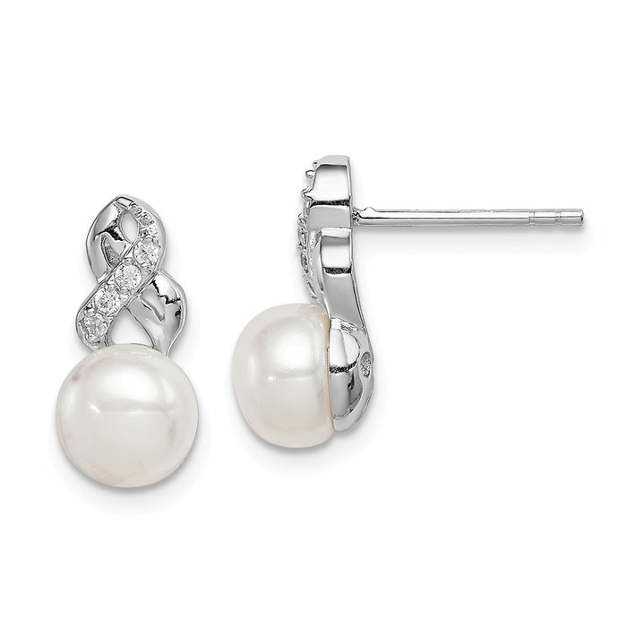 925 Sterling Silver Rhodium-plated 6-7mm White Freshwater Cultured Pearl Cubic Zirconia ( CZ ) Post Earrings, 13mm x 6 to 7mm
