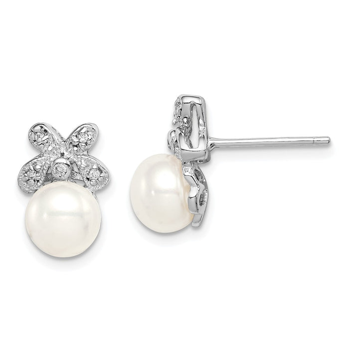 925 Sterling Silver Rhodium-plated 7-8mm White Freshwater Cultured Pearl Cubic Zirconia ( CZ ) Post Earrings, 11mm x 7 to 8mm