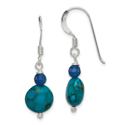 925 Sterling Silver Blue Agate, Gold and Lapis Reconstructed Stone Earrings, 30mm x 10mm