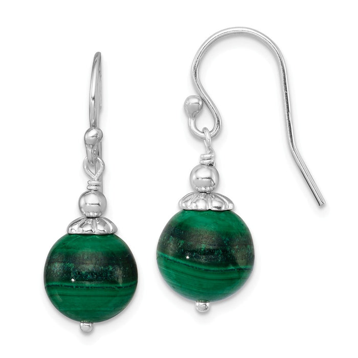925 Sterling Silver Rhodium-plated Malachite Drop Earrings, 26mm x 11mm