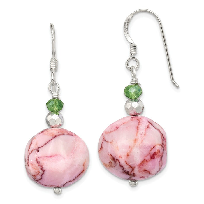 925 Sterling Silver ClEarrings, Green and Silver Crystal, Pink Jasper Earrings, 36mm x 17mm