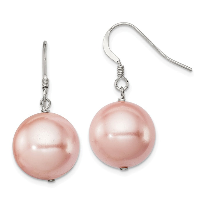 925 Sterling Silver Rhodium Plated 14-15mm Pink Shell Bead Dangle Earrings, 30mm x 15mm