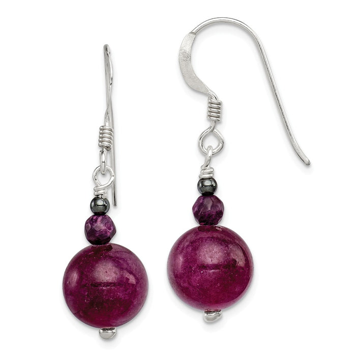 925 Sterling Silver Purple Coral, Hematite and Purple Jade Earrings, 35mm x 11mm
