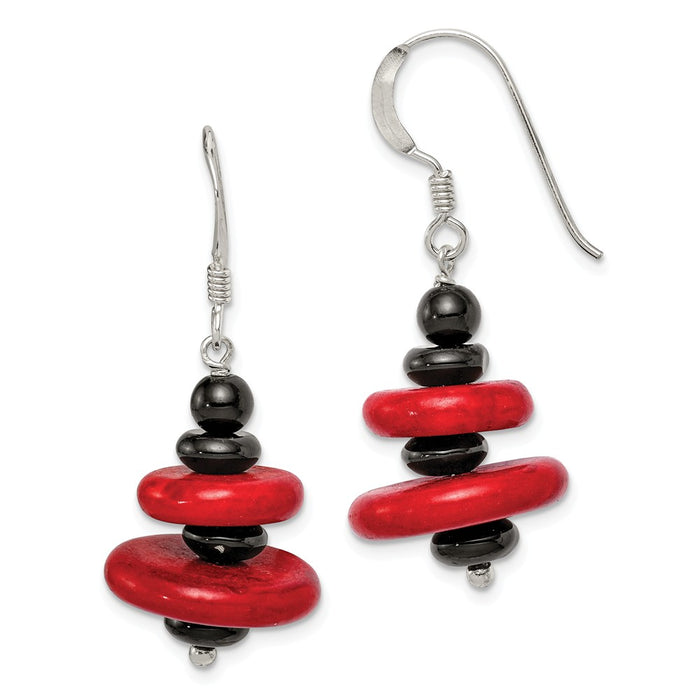 925 Sterling Silver Black Agate and Red Reconstructed Magnesite Earrings, 40mm x 17mm