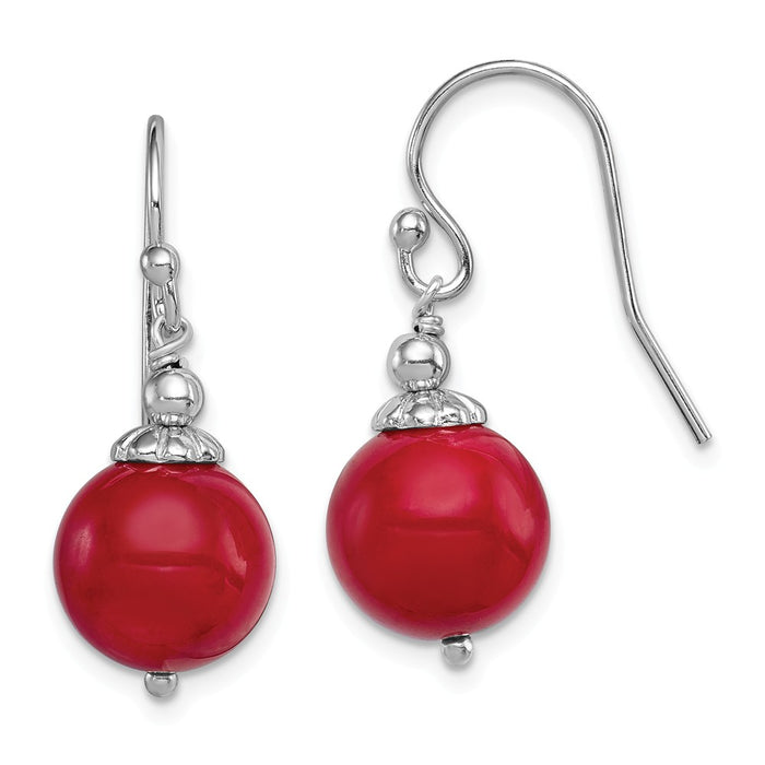 925 Sterling Silver Rhodium-plated & Dyed Red Coral Shepherd Hook Earrings, 27mm x 11mm