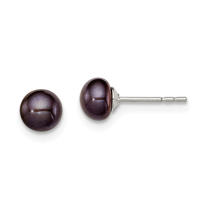 925 Sterling Silver Rh-plated 5-6mm Black Freshwater Cultured Button Pearl Stud Earring, 5 to 6mm x 5 to 6mm