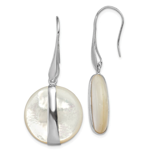 925 Sterling Silver Rhodium-plated Mother of Pearl Leverback Earrings, 41mm x 21mm