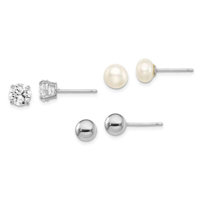 Stella Silver Jewelry Set - 925 Sterling Silver Rhodium-plated 6mm Ball/Button Freshwater Cultured Pearl/Cubic Zirconia ( CZ ) Stud Earring Set
