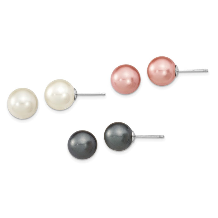 Stella Silver Jewelry Set - 925 Sterling Silver Rhodium-Plate 10mm White /Rose/Grey Imitation Shell Pearl Earring Set