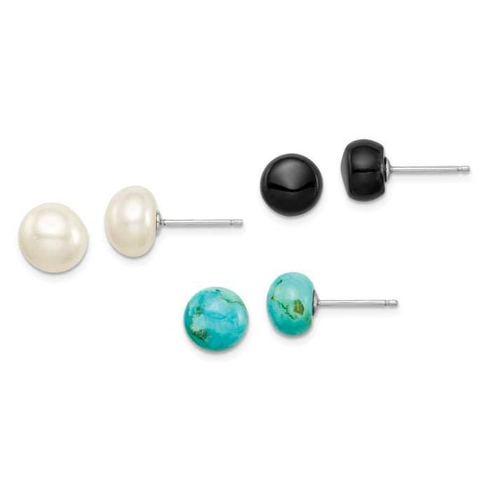 Stella Silver Jewelry Set - 925 Sterling Silver 8-8.5mm Button Freshwater Cultured Pearl / Stab. Turquoise / Black Agate Set