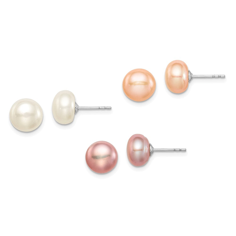 Stella Silver Jewelry Set - 925 Sterling Silver Rhodium 8-9mm Multi-Color Freshwater Cultured Pearl Button Stud Earring Set