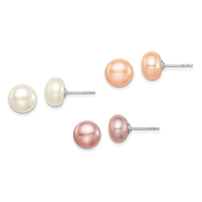 Stella Silver Jewelry Set - 925 Sterling Silver Rhodium 8-9mm Multi-Color Freshwater Cultured Pearl Button Stud Earring Set