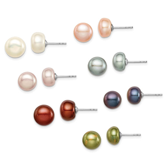 Stella Silver Jewelry Set - 925 Sterling Silver Rhodium-plated 7 Pairs 8-9mm Freshwater Cultured Pearl Stud Earring Set