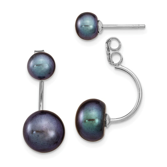 925 Sterling Silver Rh-plated 5-6&8-9 Black Freshwater Cultured Pearl Dangle Earrings,