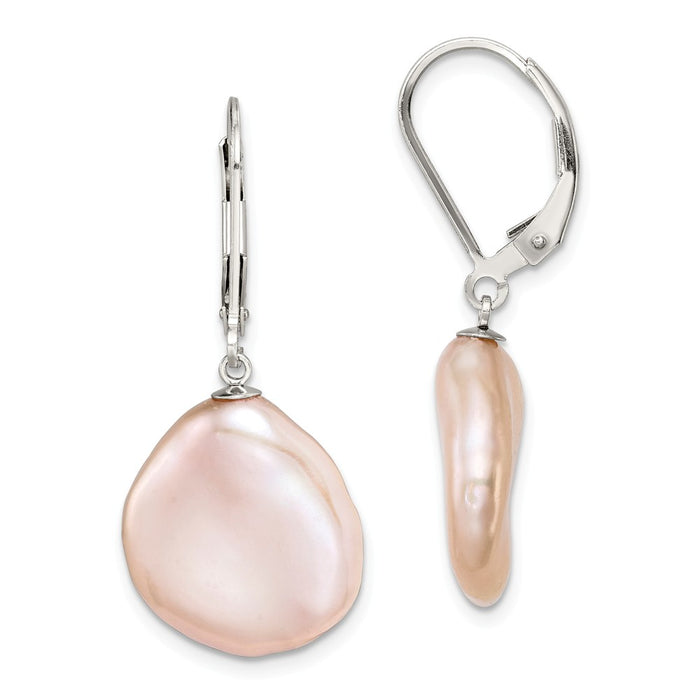 925 Sterling Silver Rh-plated 13-15 Pink Keshi Freshwater Cultured Pearl Earrings,