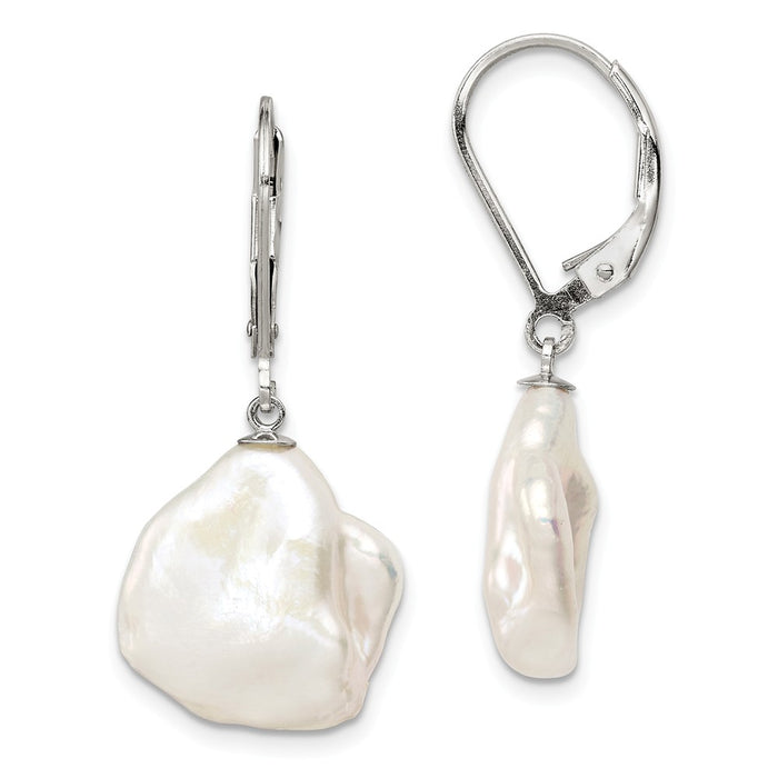 925 Sterling Silver Rhodium-Plated 13-15 White Keshi Freshwater Cultured Pearl Earrings,